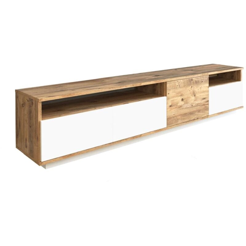 Cotecosy - Meuble tv 4 portes et 2 étagères - Naturel clair et Blanc - cedona