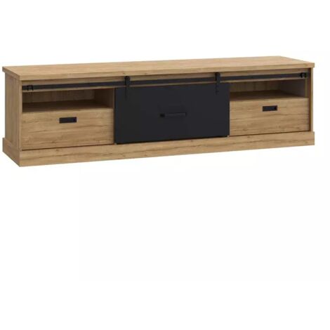 Meuble TV 2 tiroirs 1 porte coulissante décor chêne et noir mat - FARM