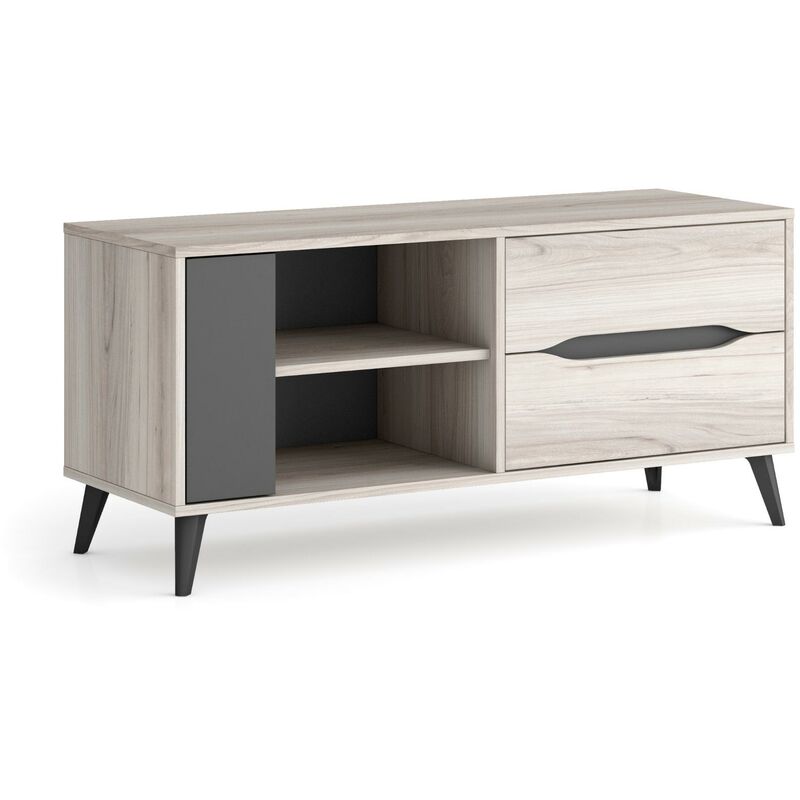 Meuble tv 110, 2 tiroirs + 1 porte, salon, Modèle kai, couleur Chêne, Gris, mesures 113x40x52 cm hauteur. - Skraut Home