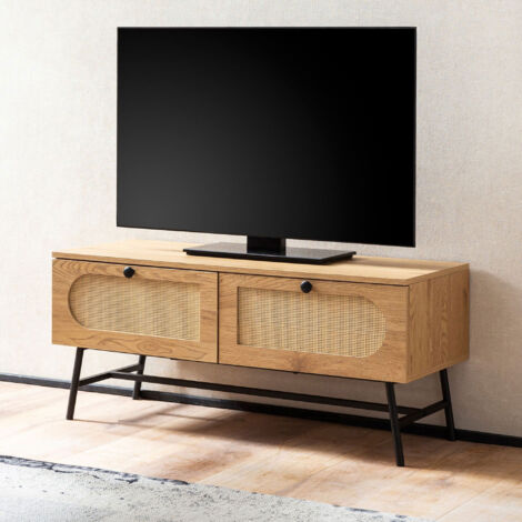 Meuble TV 2 tiroirs 100x40x45 cm effet chêne et rotin - VITEL