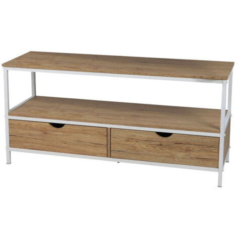 Meuble TV 2 tiroirs 120x39x57 cm en bois et métal blanc - TETRI