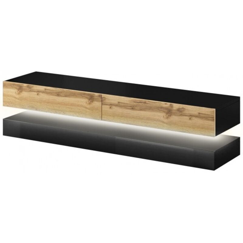 Meuble TV FLY avec LED blanc coloris chêne et noir 140x33,8 cm Meuble TV FLY avec LED blanc coloris chêne et noir 140x33,8 cm