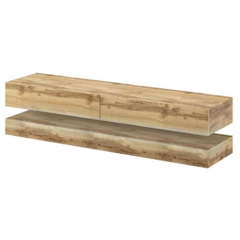 Meuble TV 2 tiroirs 140 cm panneaux de particules mélaminés décor chêne – Style épuré pour rangement optimisé – Livré prêt à monter – Vivaldi