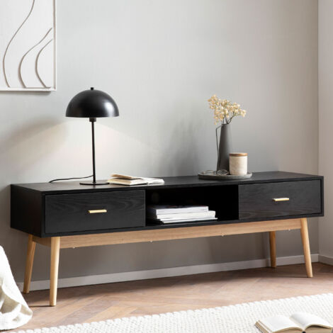 Meuble TV 2 tiroirs 150x40x50 cm décro noir et piétement en chêne