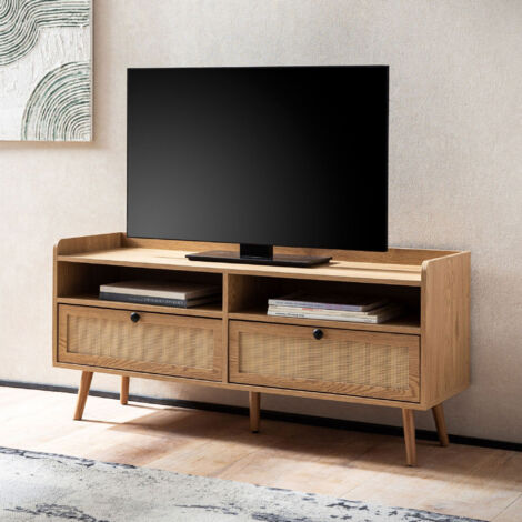 Meuble TV 2 tiroirs 2 niches 120x39x56 cm effet chêne et rotin