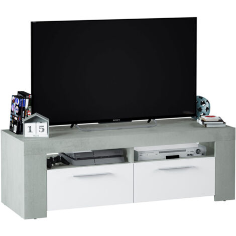 Meuble TV 2 tiroirs 2 niches 120x42x40 cm décor gris béton et blanc