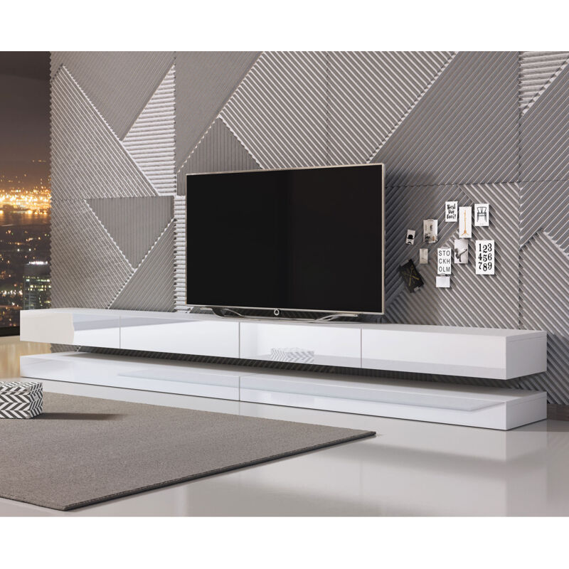 Meuble TV 2 tiroirs 280 cm blanc et blanc brillant - OCARZ