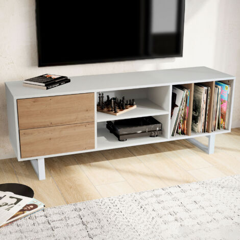 Meuble TV 2 tiroirs 5 niches 150x40x55 cm décor blanc et chêne