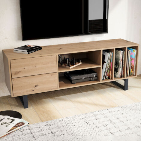 Meuble TV 2 tiroirs 5 niches 150x40x55 cm décor chêne