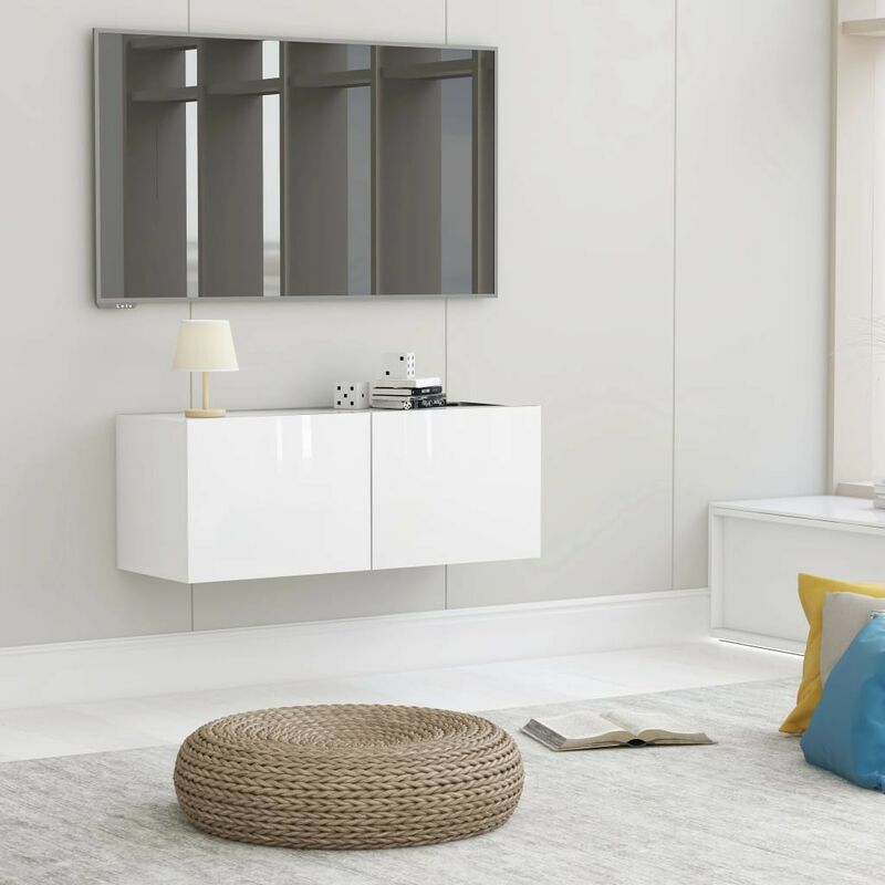 meuble tv 2 tiroirs : 80 x 30 x 30 couleur blanc brillant. a suspendre au mur - blanc brillant