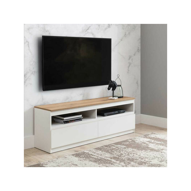 TMM - Meuble tv 2 tiroirs Blanc/Bois - qiz - l 150 x l 37 x h 52 cm