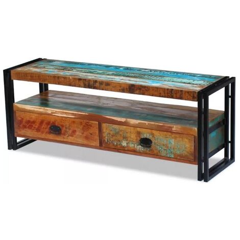 Meuble TV 2 tiroirs bois massif recyclé multicolore et métal noir Moust 120cm