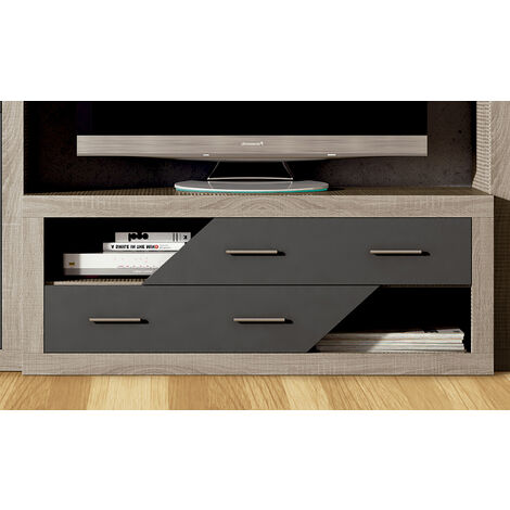 Meuble TV 2 tiroirs coloris chêne cambrian, graphite - Longueur 130 x profondeur 41,4 x hauteur 50 cm -PEGANE-