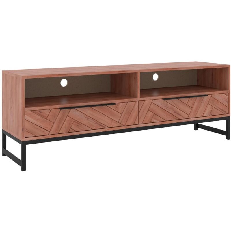 Meuble TV 2 tiroirs et 2 niches en bois d'acacia et métal - Naturel et noir - VEDILA