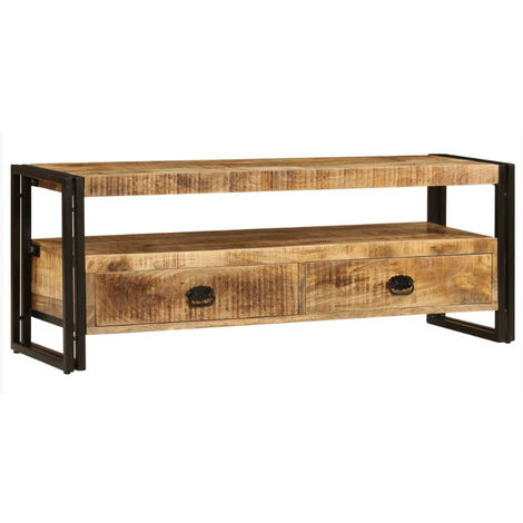 Meuble TV 2 tiroirs manguier massif clair et métal noir Maneci 120cm