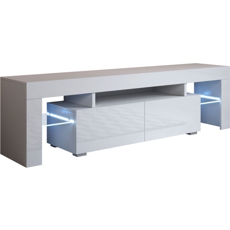 Meuble tv 2 tiroirs Meuble tv de salon avec led 160x45x35cm Modèle Unai Blanc Finition brillante