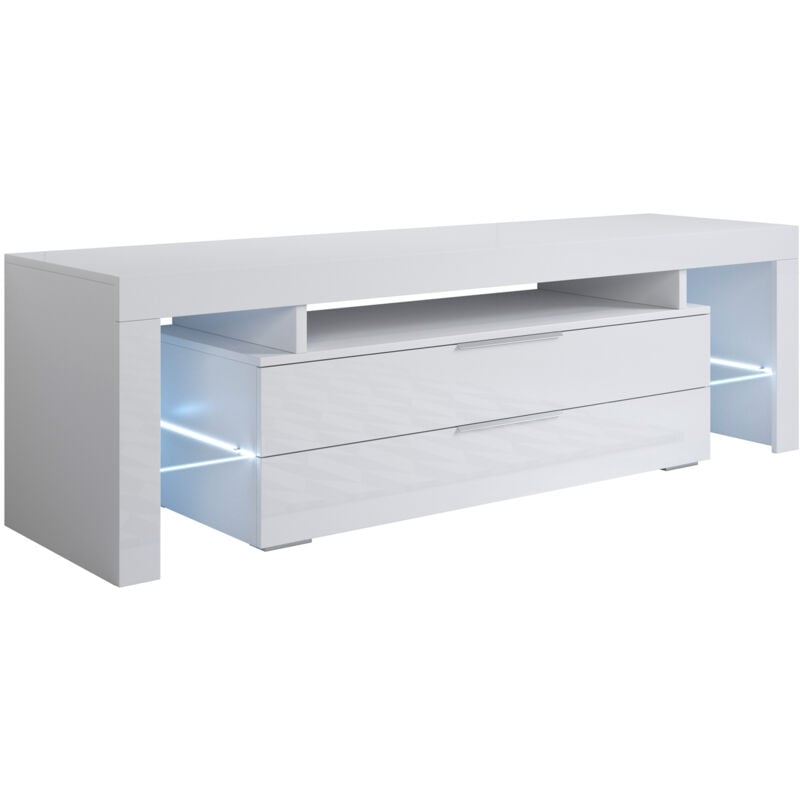Meuble TV 2 tiroirs Meuble TV de salon avec LED 160x53x35cm Modèle Selma Blanc Finition brillante