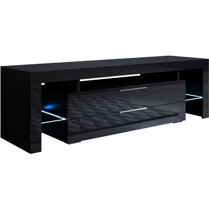 Meuble tv 2 tiroirs Meuble tv de salon avec led 160x53x35cm Modèle Selma Noir Finition brillante