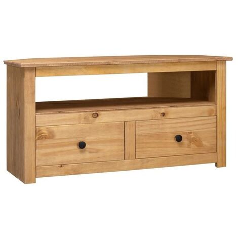 Meuble TV 2 tiroirs pin massif foncé Urda 93cm