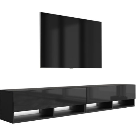 Meuble TV 200 (2 × 100) cm Noir Mat / Noir Brillant, LED blanche, 200 × 32 × 34 cm