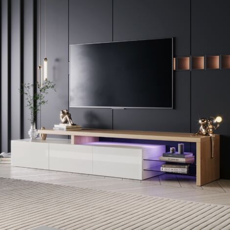 Meuble TV 200 cm, avec éclairage LED, 3 portes de rangement, 2 étagères en verre, style Moderne, Meuble de salon en bois - Blanc