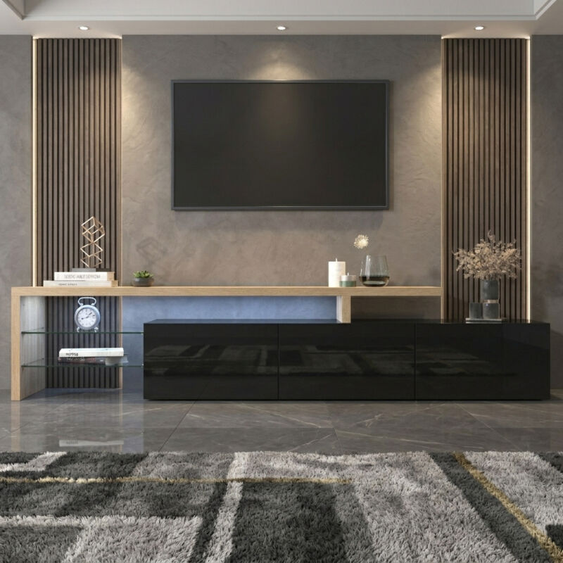 Meuble TV 200 cm avec LED, 3 Portes et Étagères en Verre, Moderne Meuble Banc Tele Bas, Meuble Télé pour Salon, Bois & Noir Brillant