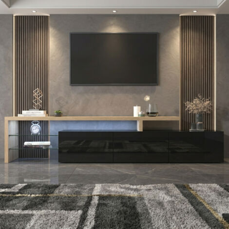 Meuble TV 200 cm avec LED, 3 Portes et Étagères en Verre, Moderne Meuble Banc Tele Bas, Meuble Télé pour Salon, Bois & Noir Brillant