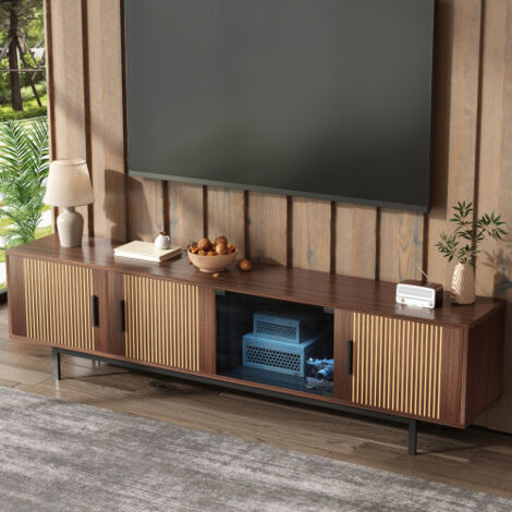 Meuble TV 200 cm avec texture gravée, bande lumineuse LED et porte en verre trempé, marron