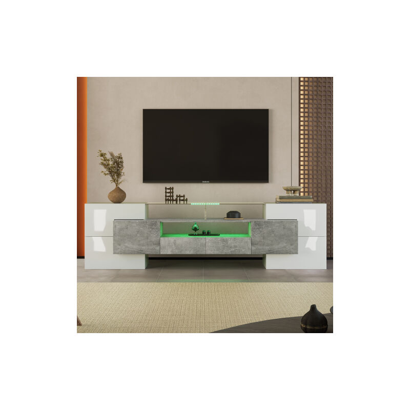 Wishdor - Meuble tv blanc et gris, Meuble tv led, surface en verre, pour salon