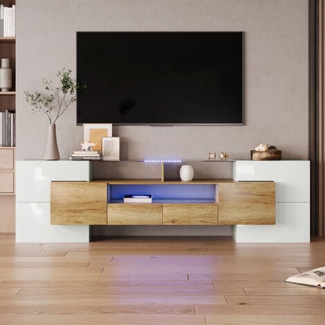 Meuble télé haut laqué blanc mat et bois massif strié contemporain