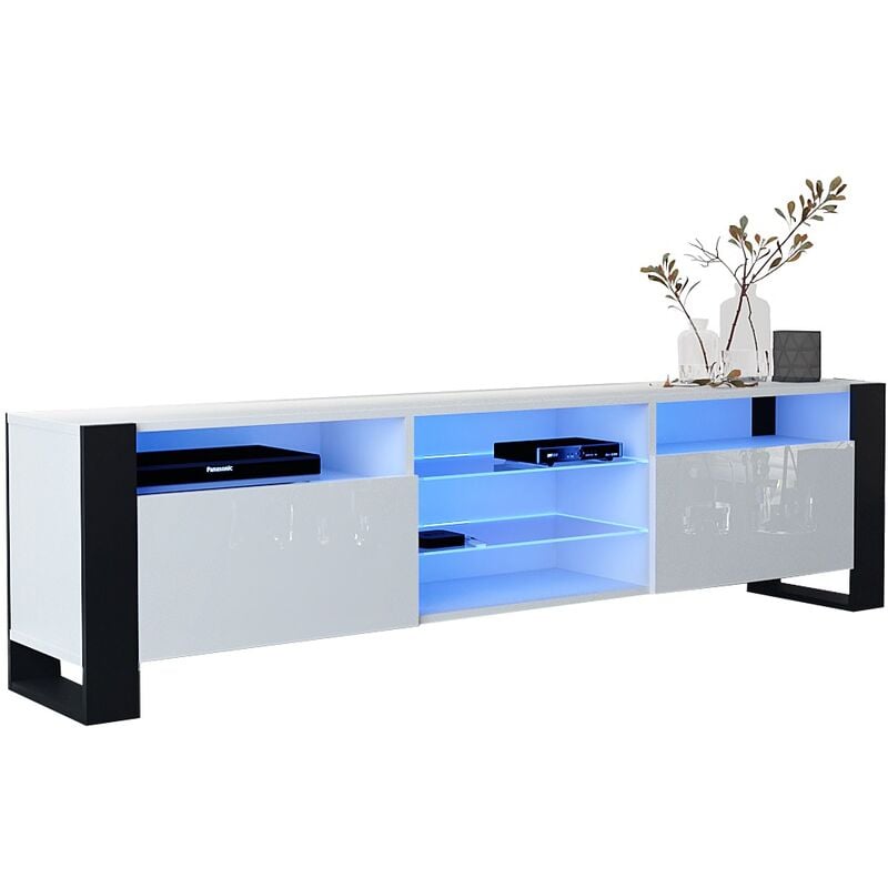 Meuble Tv 200 Cm Lovy Led Blanc Mat Et Blanc Laqué - Style Industriel