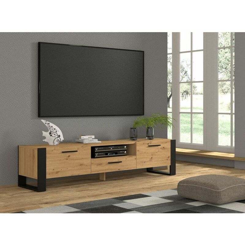 Meuble TV 200 cm NUKA bois et noir - Marron