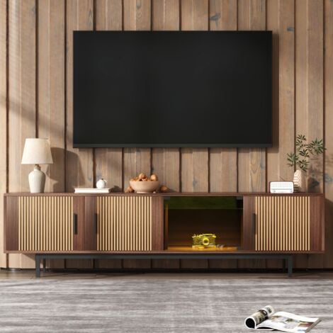Meuble TV 200 cm, rectangulaire, avec 4 portes, LED, porte en verre, rangement, texture sculptée, scandinave, Meuble de salon en bois - naturel