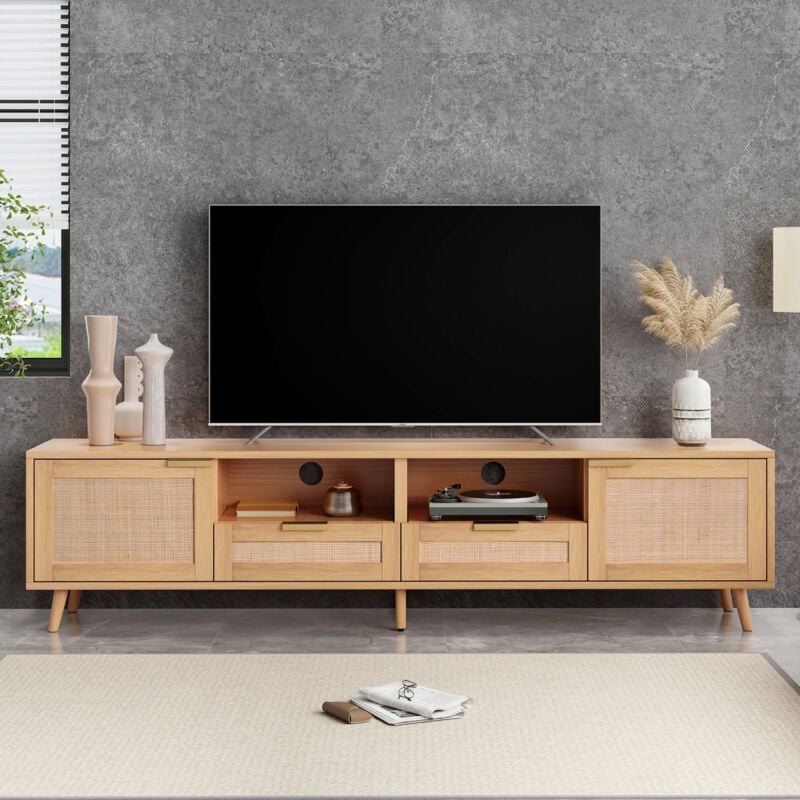 Meuble tv 200 cm, tiroirs et rangements, pieds réglables, rotin,naturelle,200x37x49 cm