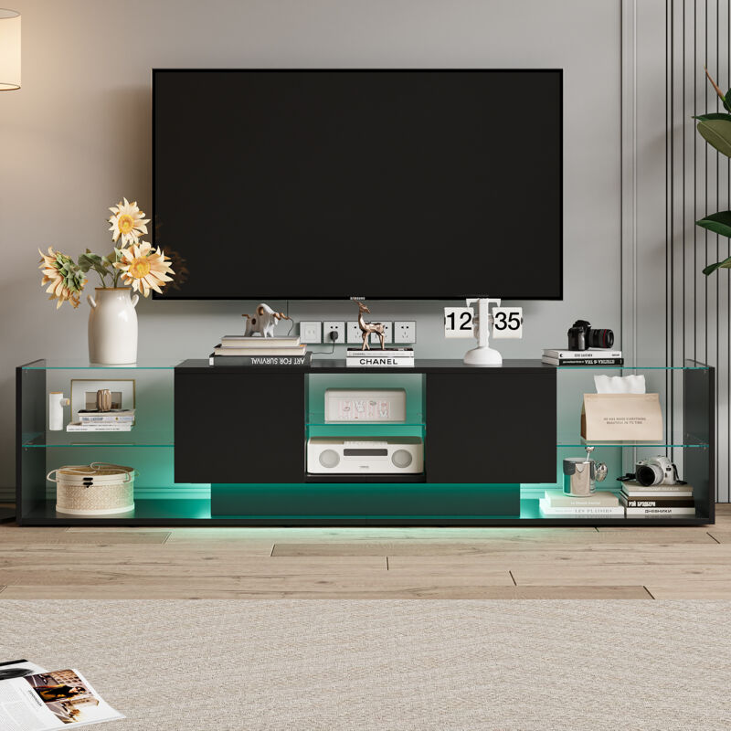 Pergar – Meuble TV suspendu 200 cm – Éclairage LED haute luminosité – 6 compartiments de rangement – Étagères en verre trempé – Noir