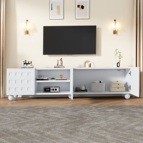 Meuble TV 200 x 40 x 44 cm, meuble de salon 3 portes, portes décorées, support TV de 200 cm de long, meuble TV à 5 pieds, meuble bas, compatible avec les téléviseurs jusqu'à 80 pouces. Blanc