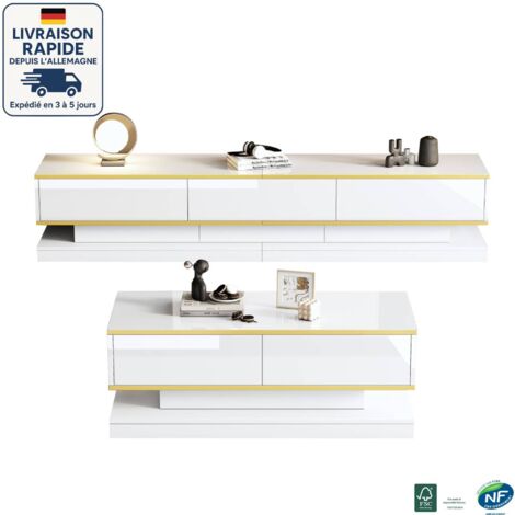Meuble TV 200cm - Avec incrustation d'or - 3 tiroirs - Convient pour un salon luxueux ou une chambre principale - La surface brillante est facile à nettoyer +Table basse - Garniture dorée - 100x50x38c