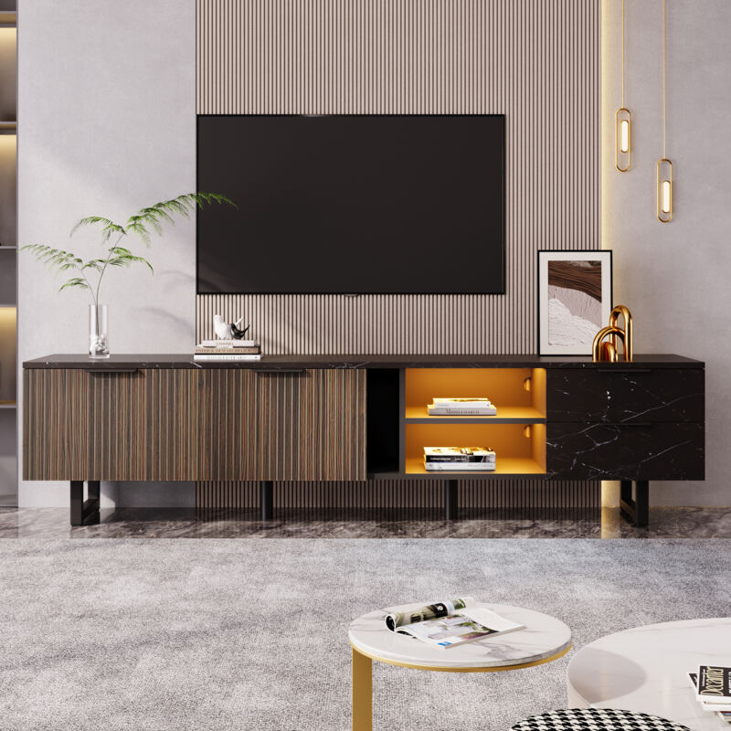 Hauss Spole - Meuble tv 200cm, placage marbre noir, porte grain bois foncé, éclairage led orientable, 2 portes, 2 tiroirs