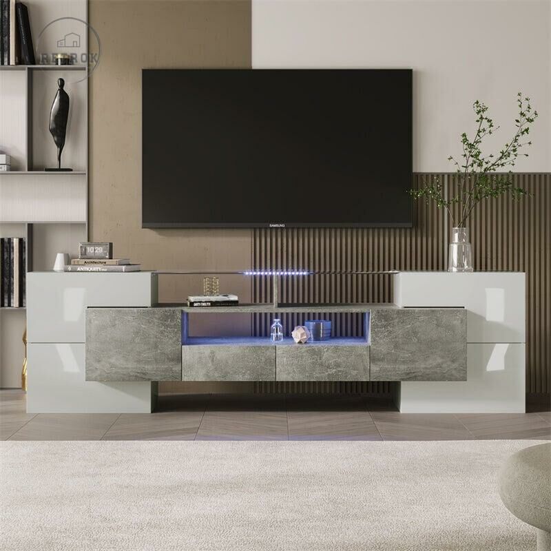 Meuble tv 200x30x60.7cm - lowboard brillant éclairage led meuble de salon design moderne surface en verre - Blanc et gris