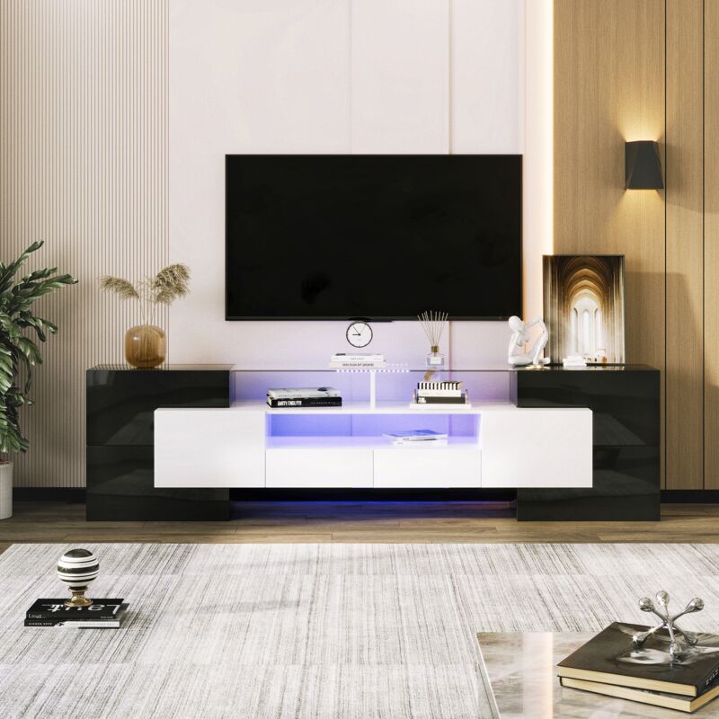Meuble tv 200x30x60.7cm - lowboard brillant, éclairage led, meuble de salon design moderne surface en verre, Meuble tv - Noir