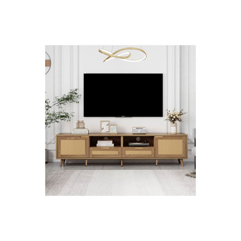 Meuble tv 200 cm avec pieds en bois massif, 2 porte et 2 tiroirs en rotin plastique, 2 rangements ouverts, chêne