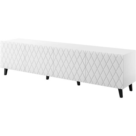 Meuble TV 200x52x42 cm blanc mat LOLA meuble Hi-fi luxueux sur pieds noir avec 4 portes