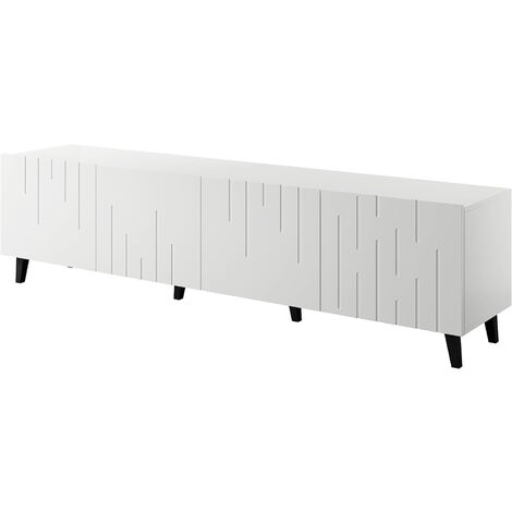 Meuble TV 200x52x42 cm blanc mat MODA meuble Hi-fi luxueux sur pieds noir avec 4 portes