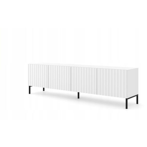 Meuble TV 200x56x42 cm blanc mat VAGUE meuble Hi-fi luxueux sur pieds noir avec 4 portes