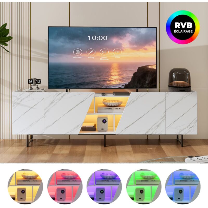 Meuble TV 220 cm longueur, avec effet marbre, 4 portes, étagères, éclairage LED, pieds en métal - banc tv pour salon chambre - Blanc