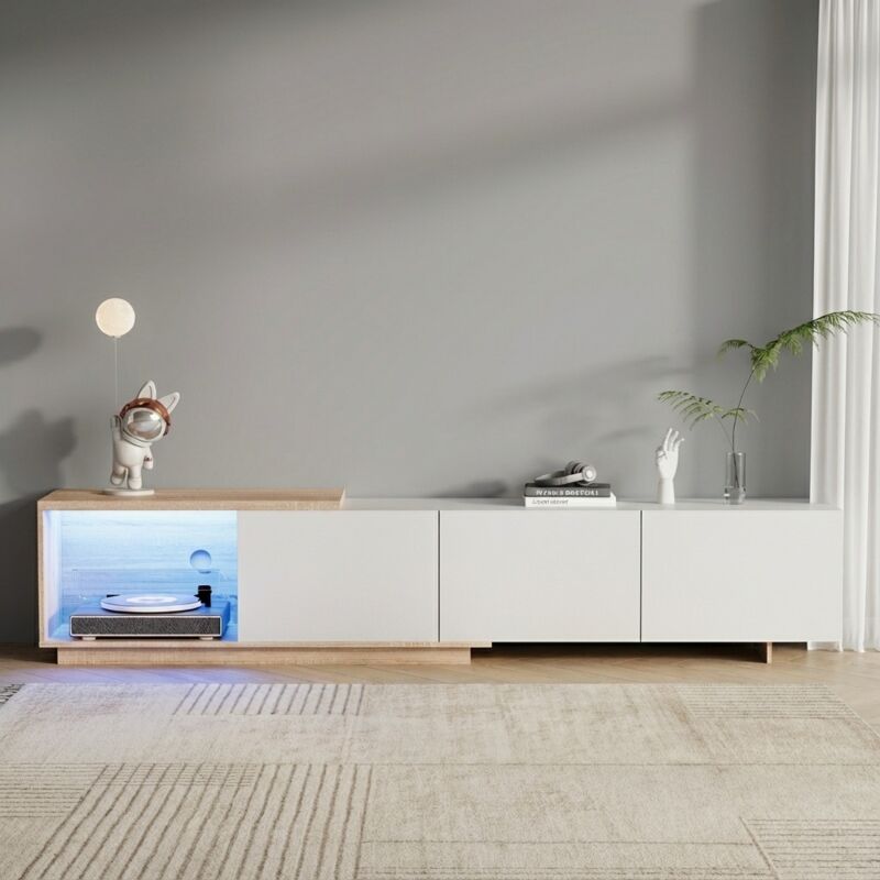 Meuble TV 160-240 cm avec 3 tiroirs, extensible niches de rangement, éclairage LED activé par le mouvement, style scandinave Banc TV, mobilier de