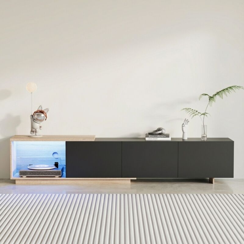 Fortuna Lai – Meuble TV extensible 160-240 cm avec 3 tiroirs – Éclairage LED activé par mouvement – Style scandinave – Rangement optimal – Noir