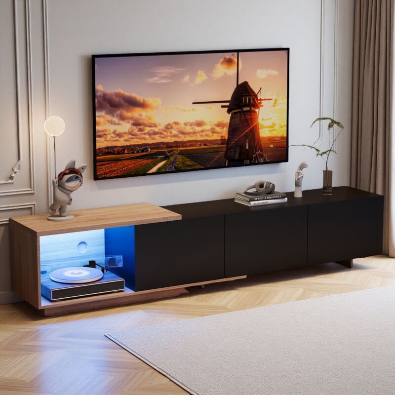 Meuble TV 240 cm avec éclairage LED, 3 tiroirs et rangement ouverts - Naturel & Noir