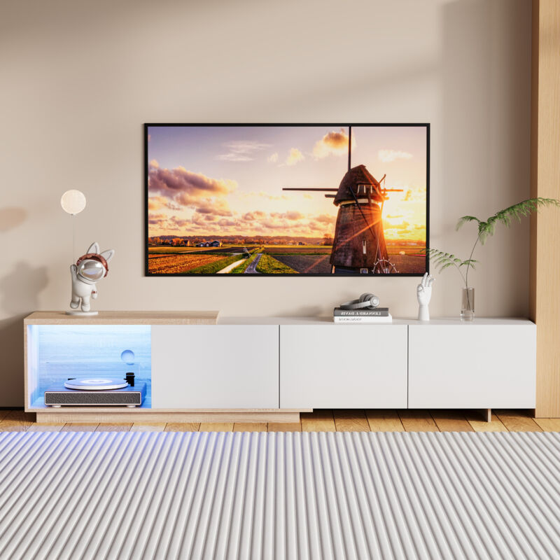 Tanant – Meuble TV 240 cm avec 3 tiroirs – Compartiments ouverts pour rangement – MDF blanc mat – Éclairage LED intégré – Design moderne