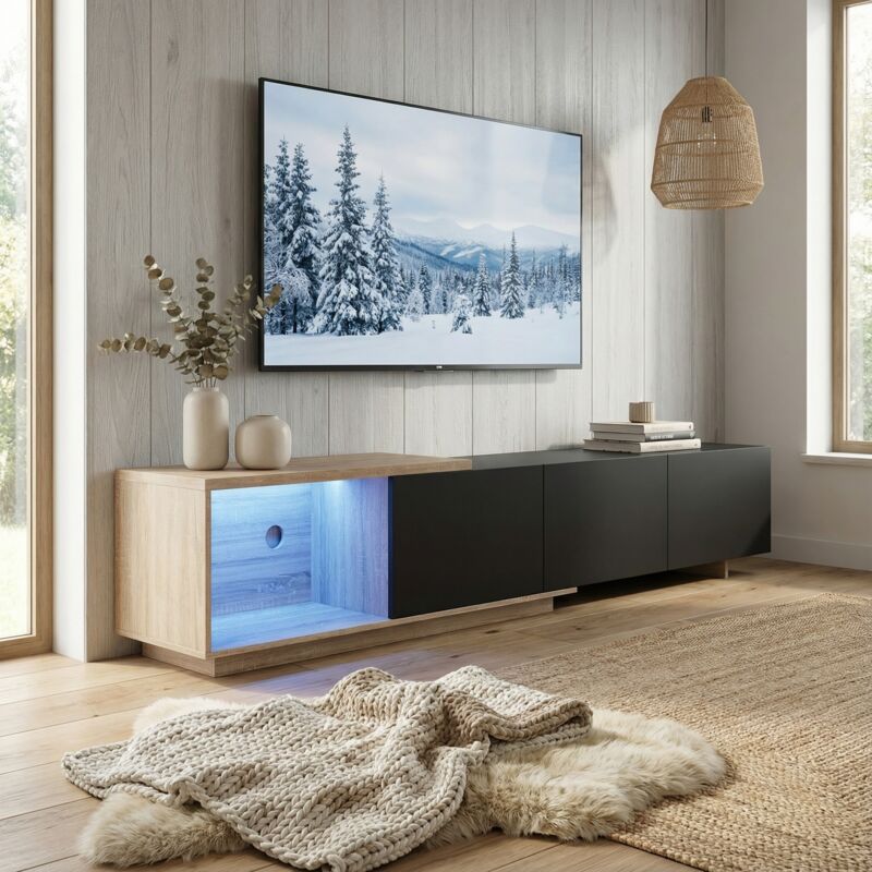 Meuble TV 240, Extensible Design (163-240cm), Banc TV avec Éclairage LED Ambiance et 3 Tiroirs, Pour TV jusqu'à 65, Finition Chêne & Noir Mat, Style